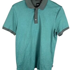 Hugo Boss Mens Short Sleeve Polo Shirt Teal Green Grey Trim Size M
